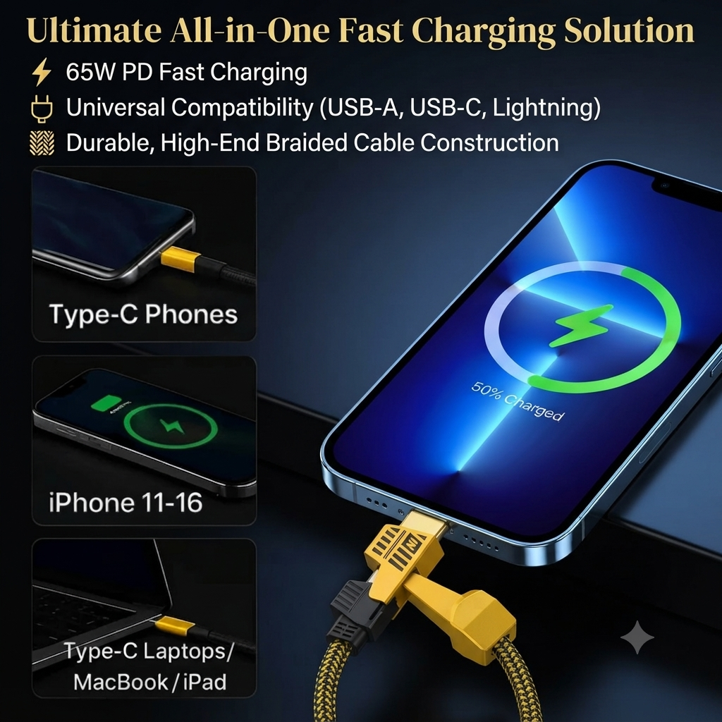 Keshree 4-in-1 Fast Charging Cable (65W Max) 1 Meter, Black/Gold